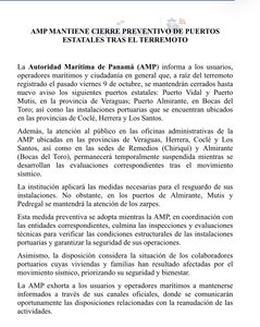 AMP MANTIENE CIERRE PREVENTIVO DE PUERTOS ESTATALES TRAS EL TERREMOTO